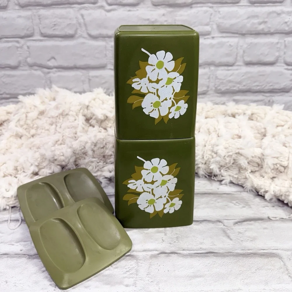 Vtg MCM Avocado Green Floral Plastic Nesting Canisters 2 Containers With Lids